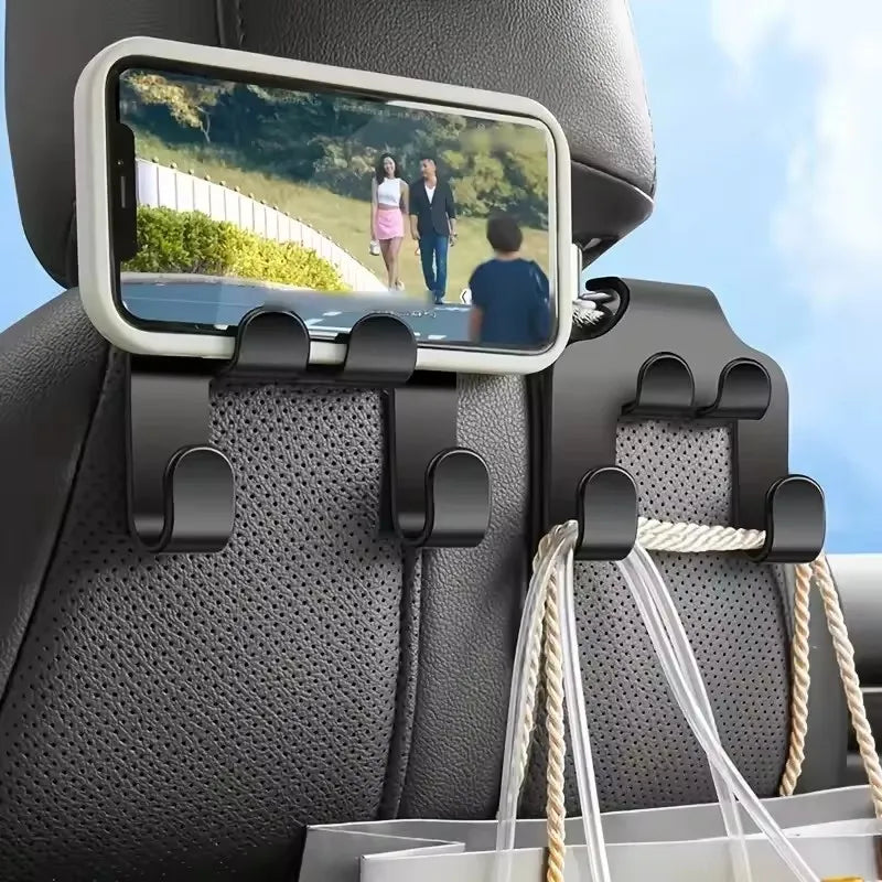 Rear Seat Hook & Phone Holder – 2-in-1 Car Headrest Organizer