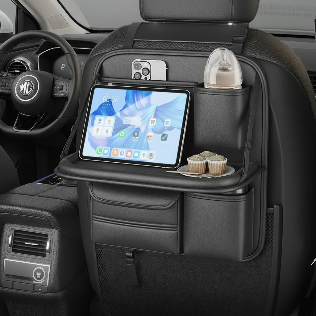 Folding Car Seat Back Organiser with Tray Table | Rear Seat Storage Bag